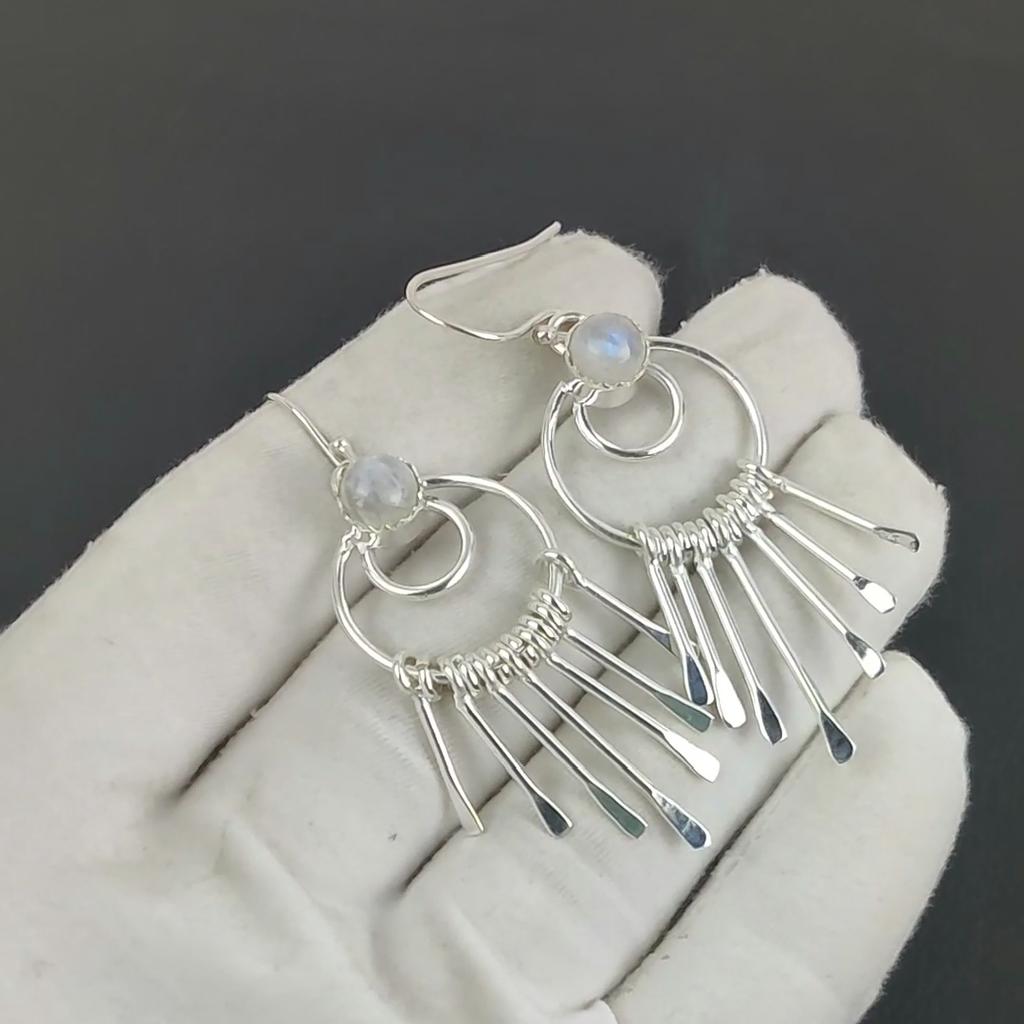 Natürliche Regenbogen Mondstein Ohrringe 925 Sterling Silber Ohrringe, Handgemachte Boho Silber Schmuck Ohrhänger, Geburtstagsgeschenk