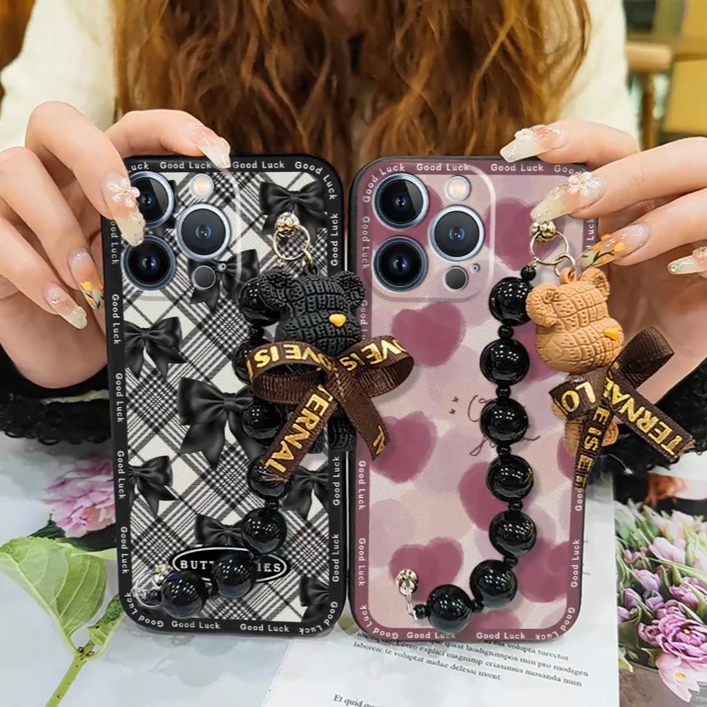 Back Cover Black Pearl Pendant Phone Case For Nokia C32 Cartoon Soft Case Waterproof Anti-knock Simplicity Bear Bracelet