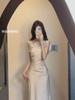 French Style High-end Sloping Collar Slant-shoulder Dress with Waist and Hip Acetate Satin New Summer Long Skirt