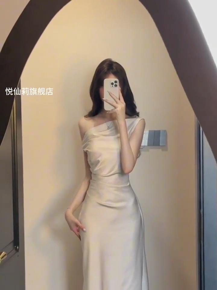 French Style High-end Sloping Collar Slant-shoulder Dress with Waist and Hip Acetate Satin New Summer Long Skirt