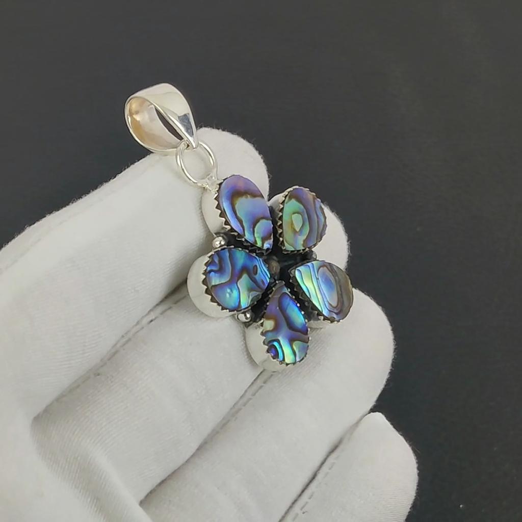 Natural Abalone Shell Gemstone Silver Pendant In 925 Sterling Silver - Handmade Flower Design, Everyday Wear Jewelry Wadding Gift