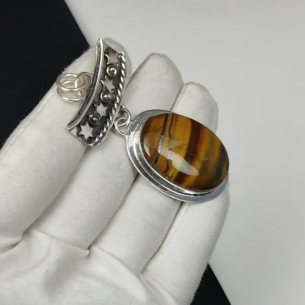 Natural Tiger Eye Gemstone Silver Pendant In 925 Sterling Silver- Handmade Design, Everyday Wear Jewelry, Unique Tiger Eye Pendant Wadding Gifts