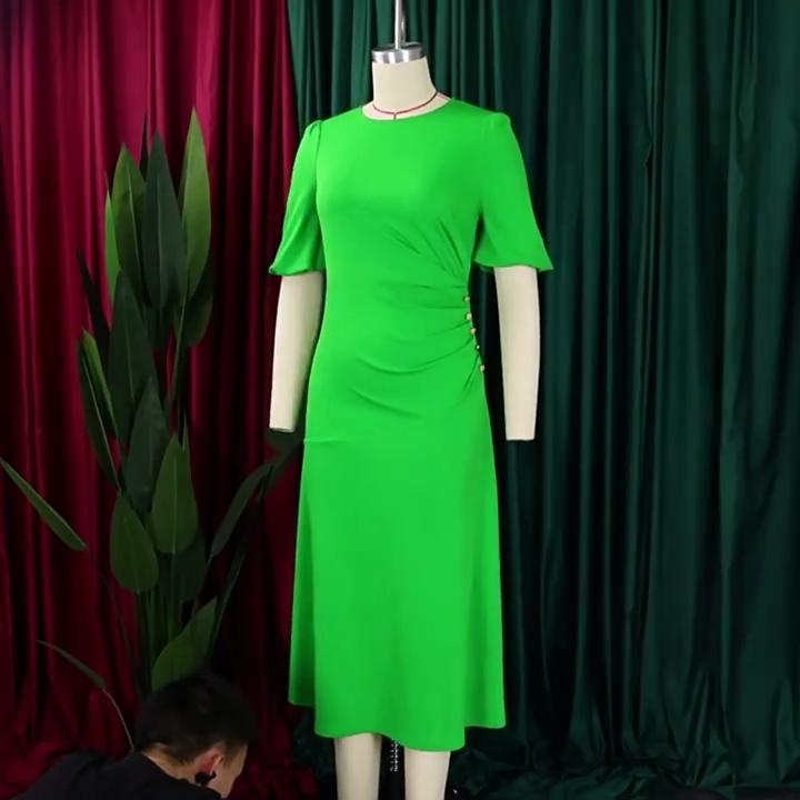 Summer Women's Dress Plus Size Solid Color Round Neck Bubble Sleeve Slim Waist Dresses