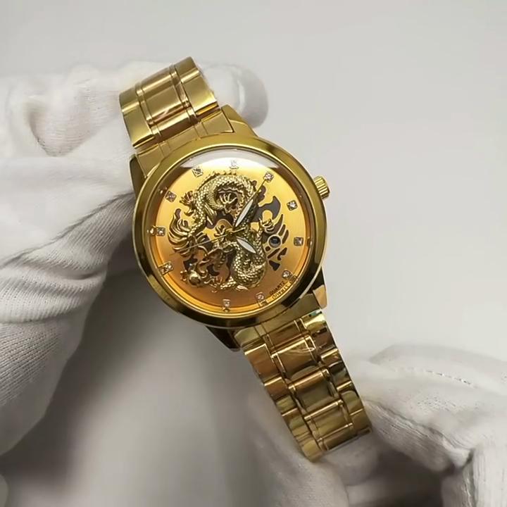 Ceas de cuarț pentru bărbați de lux de marcă de top Ceas cu dragon de aur în relief în stil chinezesc, cu bandă de oțel
