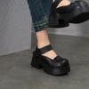 Johnature Thick Soled High Heels Pumps Genuine Leather Retro Round Toe Thick Heeled Women's Shoes