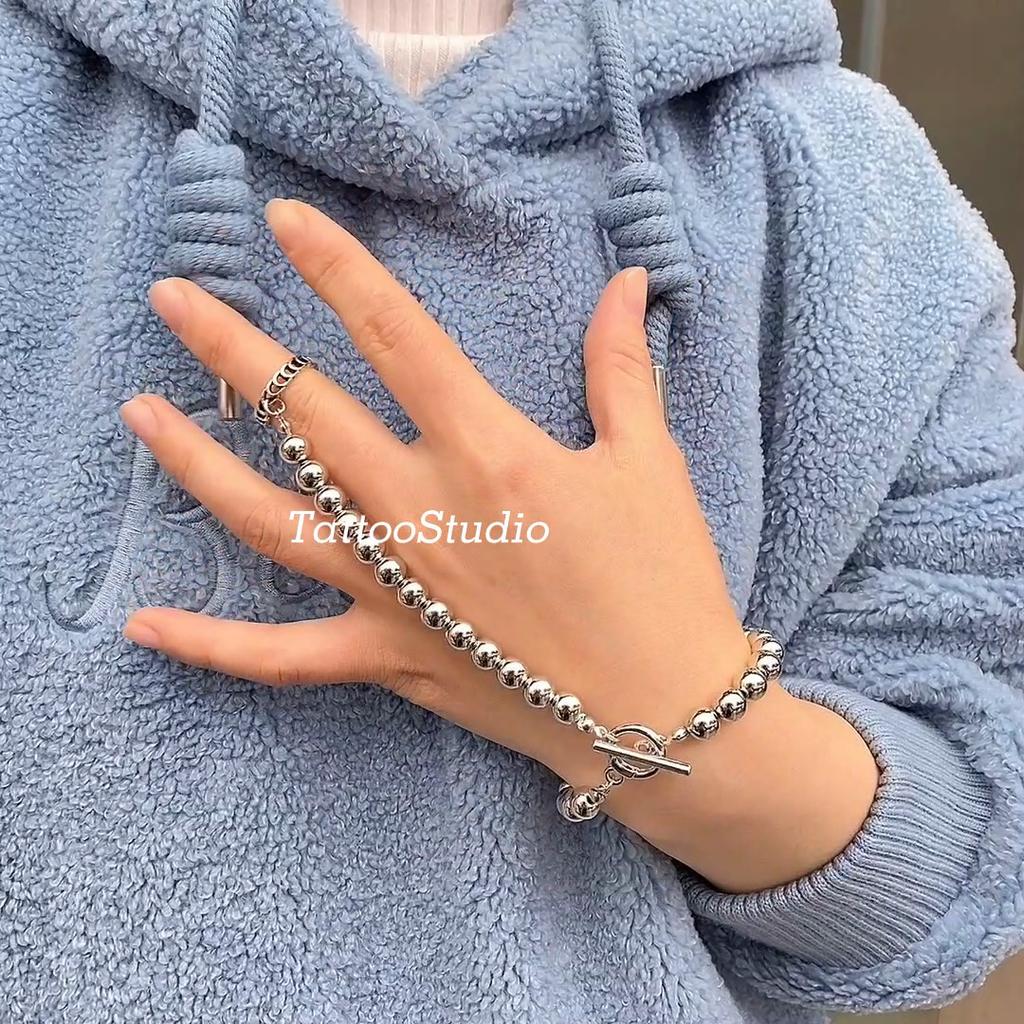 Vakker mote Elegant Sølvfarge Ball Beads Kjede Armbånd med Ring Kvinner Dame Søt Armbånd Nydelige smykker