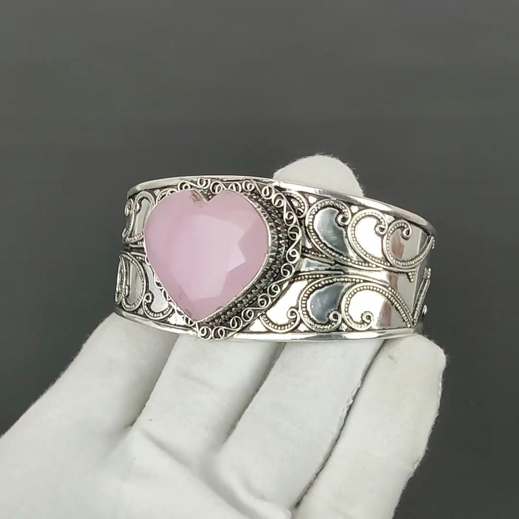 Pink Chalcedony Heart Gemstone Bracelet, Bangle Adjustable Bracelet, 925 Sterling Silver Jewelry, Engagement Gift, Pink Chalcedony Bracelet Gift