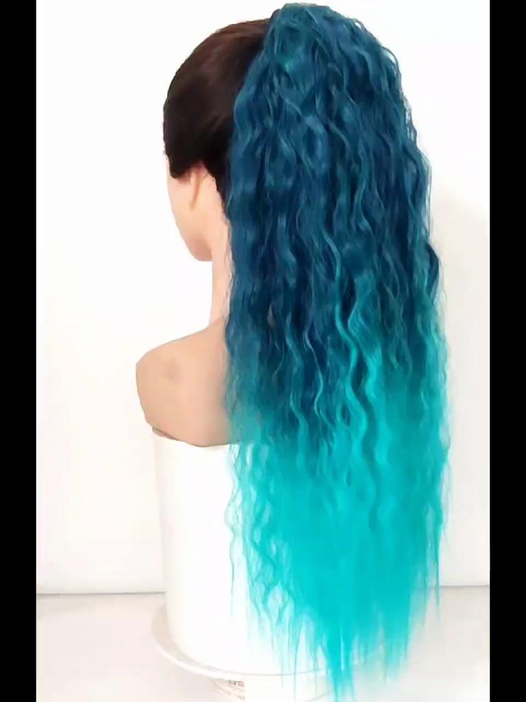 Ponytail Long Kinky Curly Hair Ribbon Ponytail Extension Rainbow Colorful Ombre Color Ponytails