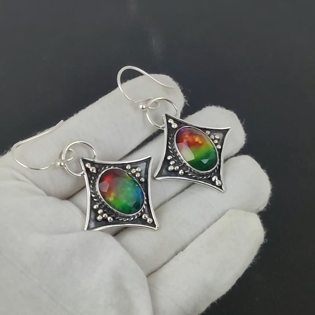 Natural Ammolite Gemstone Antique Earrings 925 Sterling Silver Earring, Boho Silver Jewelry Dangle Earrings, Gifts For Birthday Gifts For Her