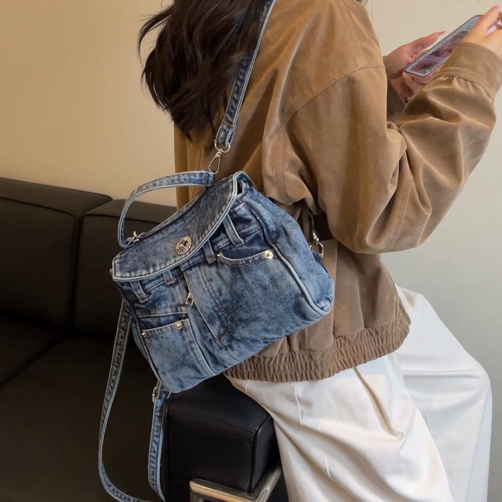 Stylish Denim Handbag Mini Backpack with Detachable Strap and Front Pockets for Casual Wear