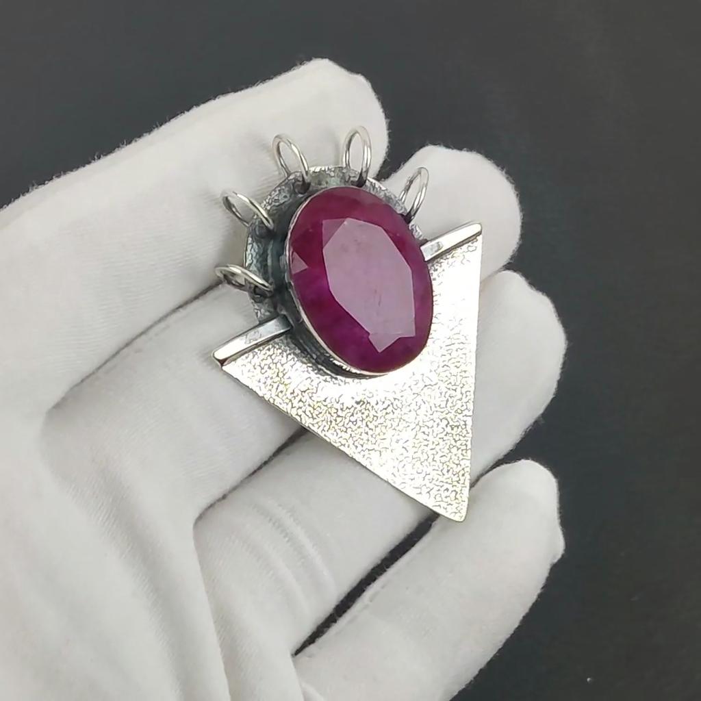 Kashmir Ruby Gemstone Silver Pendant in 925 Sterling Silver- Handmade Design, Everyday Wear Jewelry, Unique Pendant Gift For Her