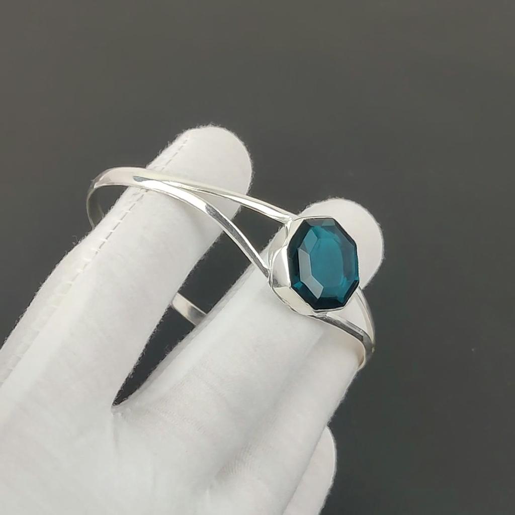 Indicolite Hexagon Gemstone Handmade Cuff Bangle 925 Sterling Silver Cuff Bangle, Indicolite Bracelet For Wife, Unisex Bangle For Gift