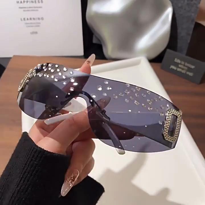 New Fashion Handmade Diamond Women's Large Frame Sunglasses Frameless Diamond Sunglasses Fashion Square Sunglasses
