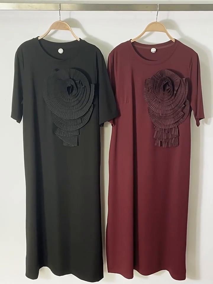 XITAO Three-dimensional Floral Decoration Dress Solid Color Side Split Casual Women ZY8688