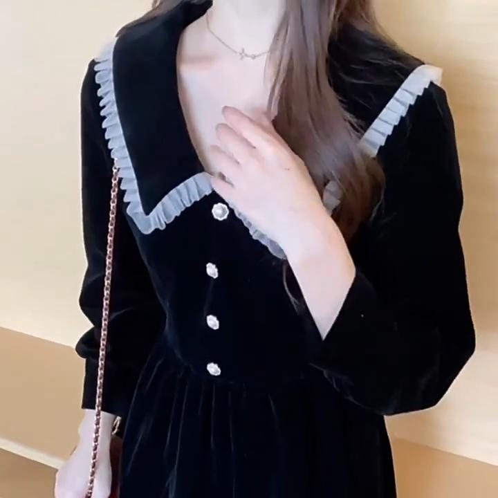 New Autumn Black Peter Pan Collar Dress Women's French High-end Elegant Long Dress Waist-cinching Slimming Audrey Hepburn Style Dress