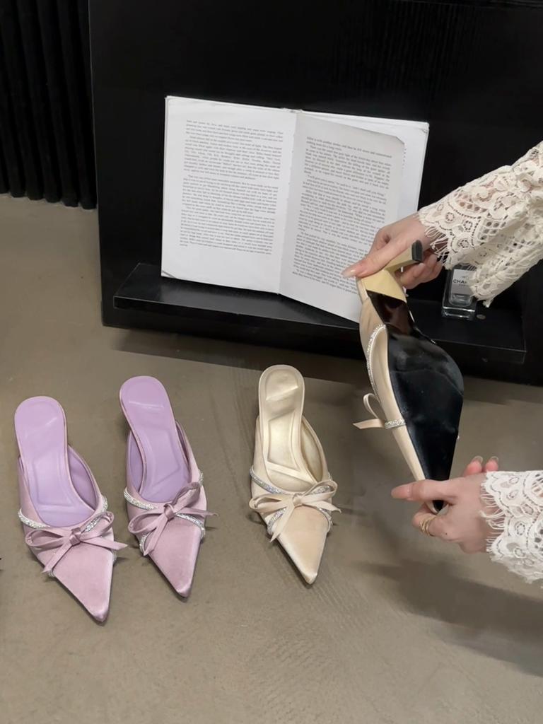 Eilyken Butterfly-knot Woman Slippers Pumps Design Style Low Heels Ladies Pointed Toe Shoes Mules Crystal Slides