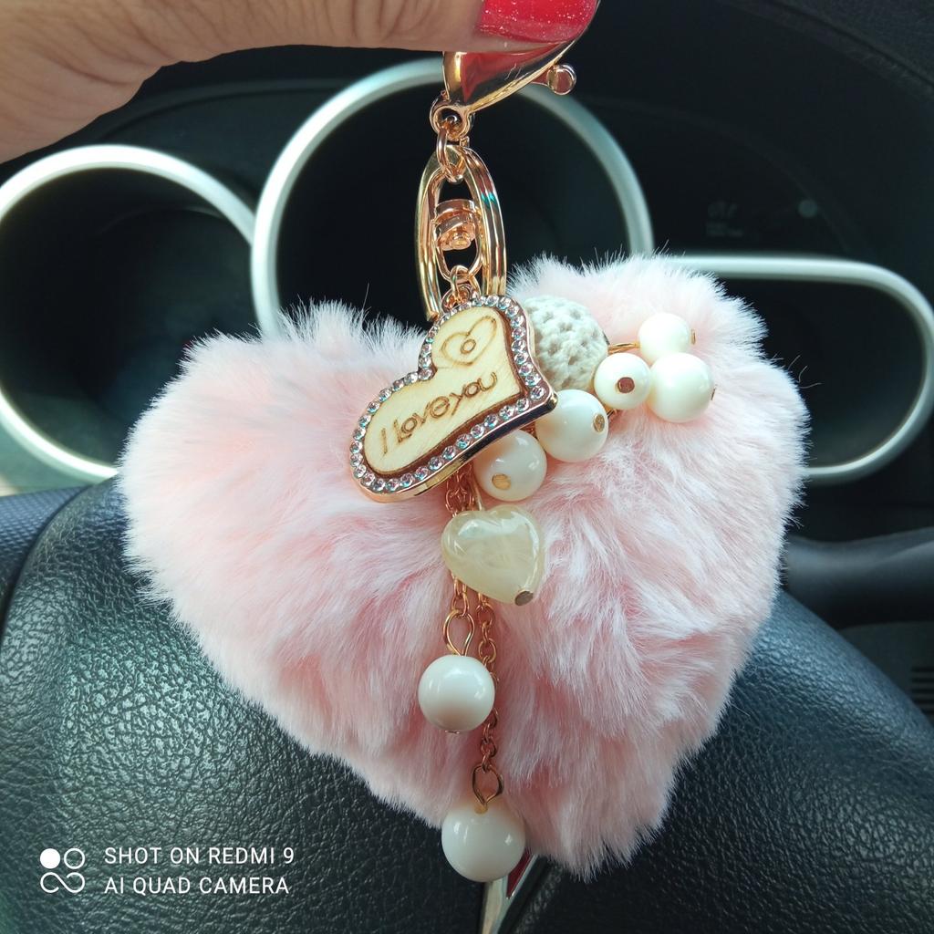 S.ROMZA Portachiavi con pompon in finta pelliccia artificiale portachiavi soffice portachiavi in peluche Pom Pom Bag Charm per borsa a mano ciondolo porta chiavi da donna (Bianco
