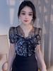 Women Lace Mesh Patchwork V Neck Pearl Detail Short Sleeve Printed Top