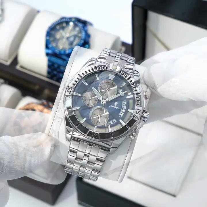 Men Chronograph Watches Stainless Steel Analog Quartz Wrist Watch Waterproof Luminous Date Business Dress Watch for Men