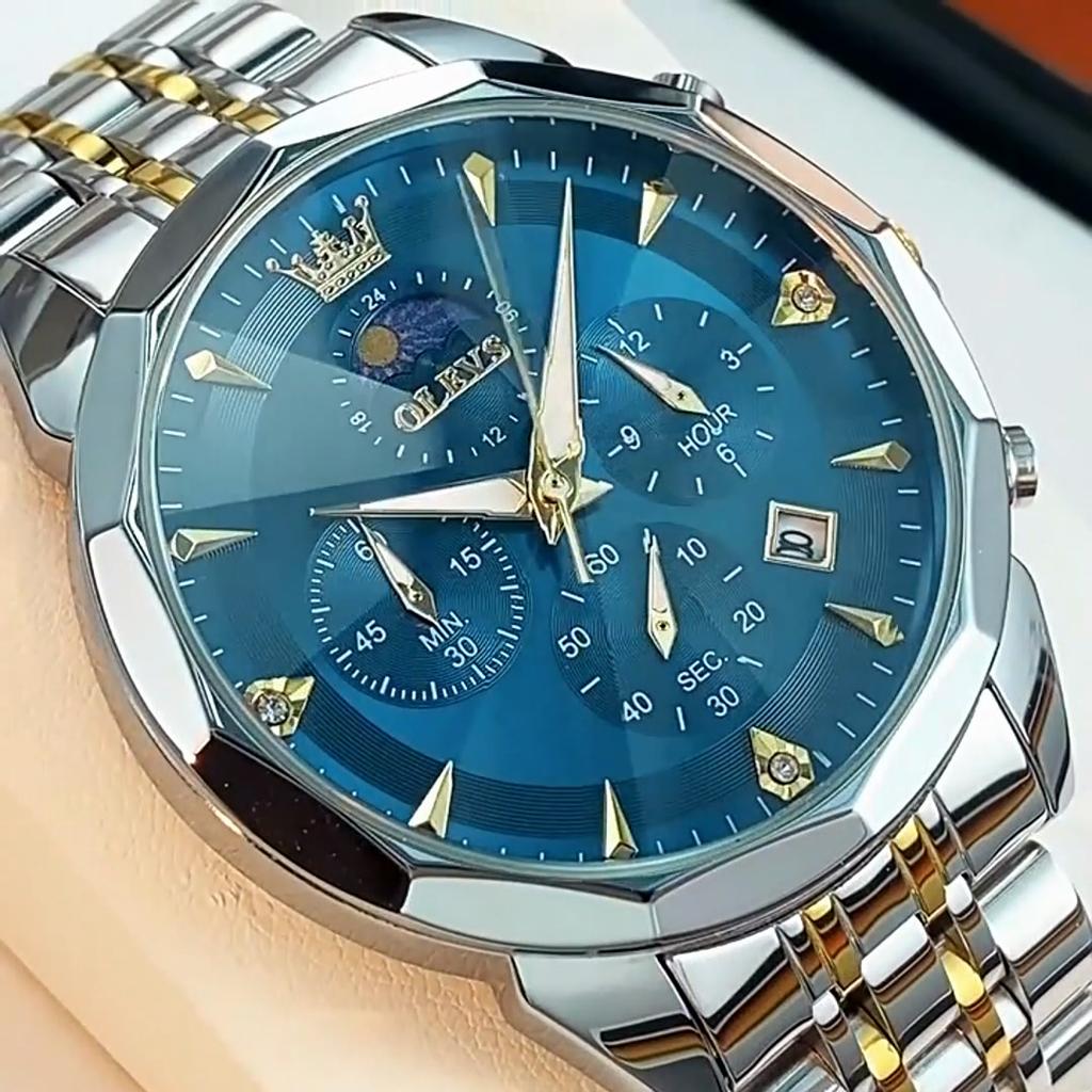 Men Quartz Watches Four-eye Multifunctional Chronograph Rhombus Shaped Glass Waterproof Moon Phase Classic Wristwatch