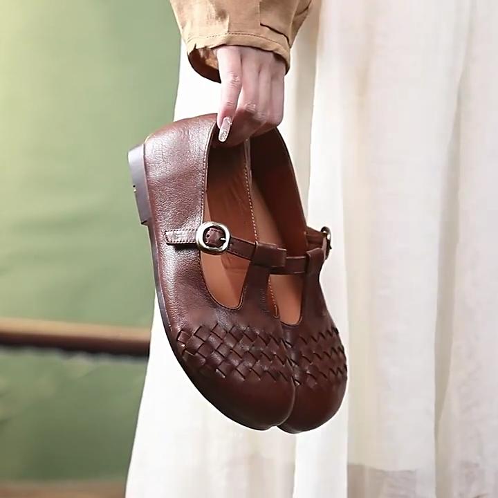 Johnature Pánské boty z pravé kůže, tkané, měkká podrážka, retro přezka, univerzální dámské baleríny