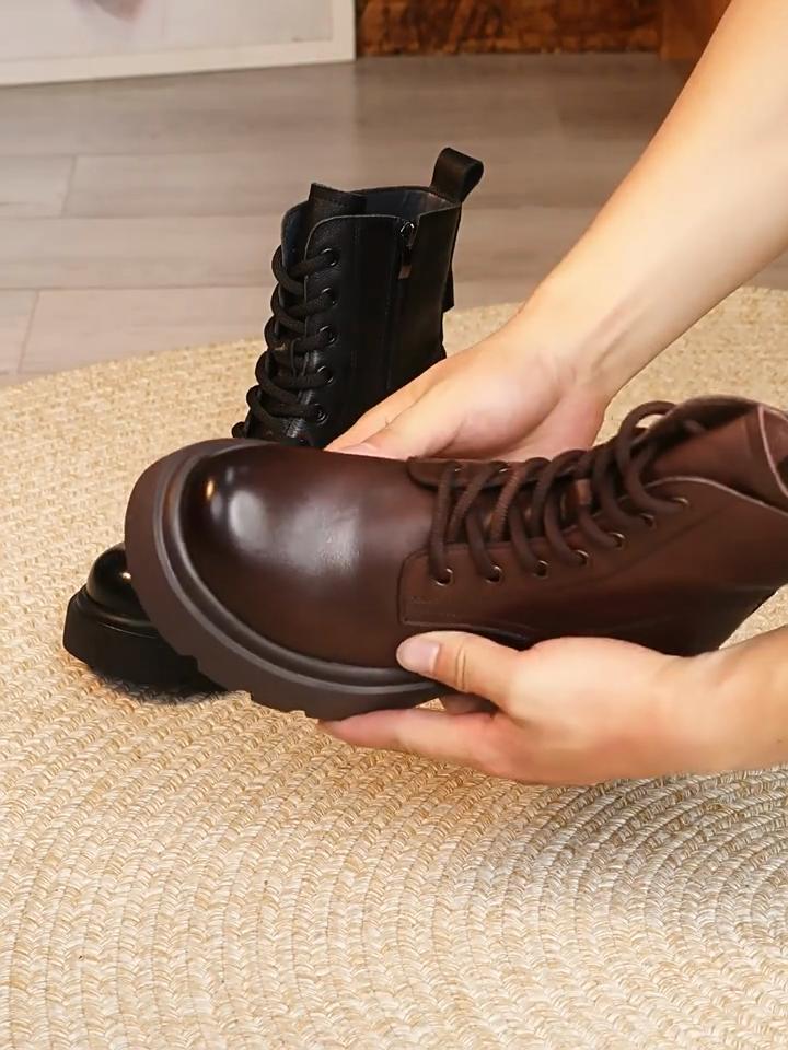 Johnature Genuine Leather Thick Soled British Style Short Boots Versatile Cowhide Women's Platform Shoes