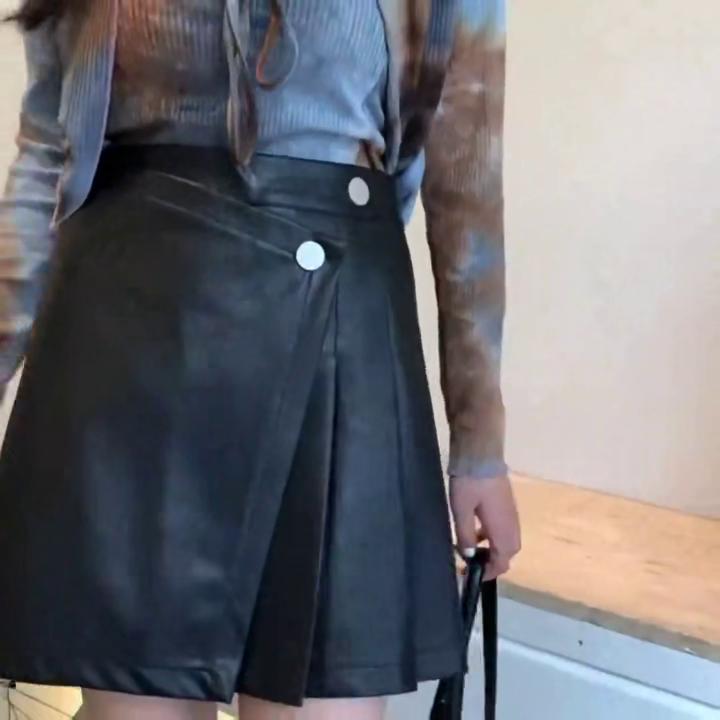 Καλοκαιρινές Δερμάτινες Φούστες Γυναικείες Κορεατική Μόδα Vintage OL PU Κοντή Φούστα Κυρίες Casual Ψηλόμεση Πλισέ Α-γραμμής Μίνι Φούστα