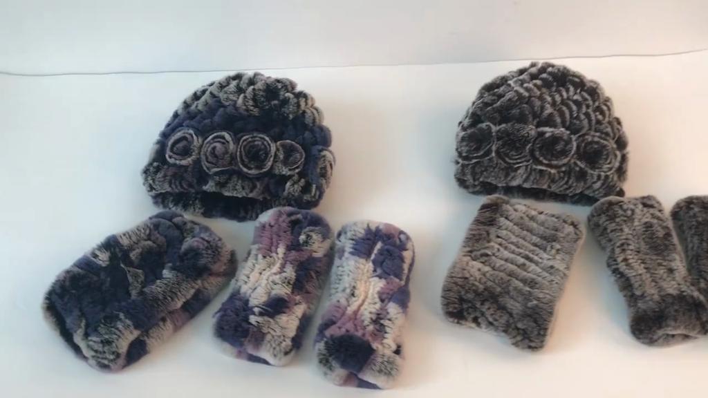 Knitted Real Rex Rabbit Fur Hat Scarf and Gloves Sets for Women, Natural Warm Cap, Scarves, Mittens, New, Winter, 3 Pcs