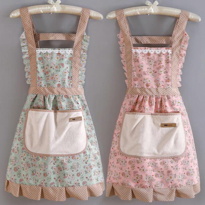 Grembiule da principessa traspirante con doppie tasche per donna, ideale per cucinare in casa in cucina. Indumenti da lavoro antivegetativi e resistenti.