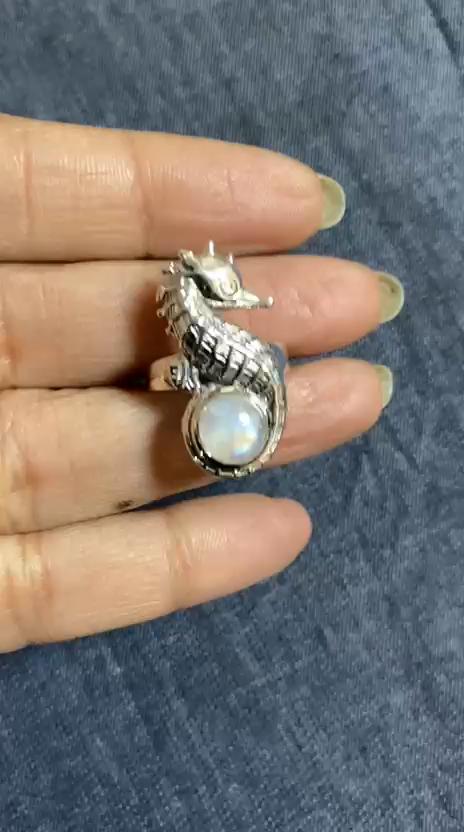 Sea Horse Ring, Moonstone Ring, 925 Sterling Silver Handmade Jewelry, Silver Ring