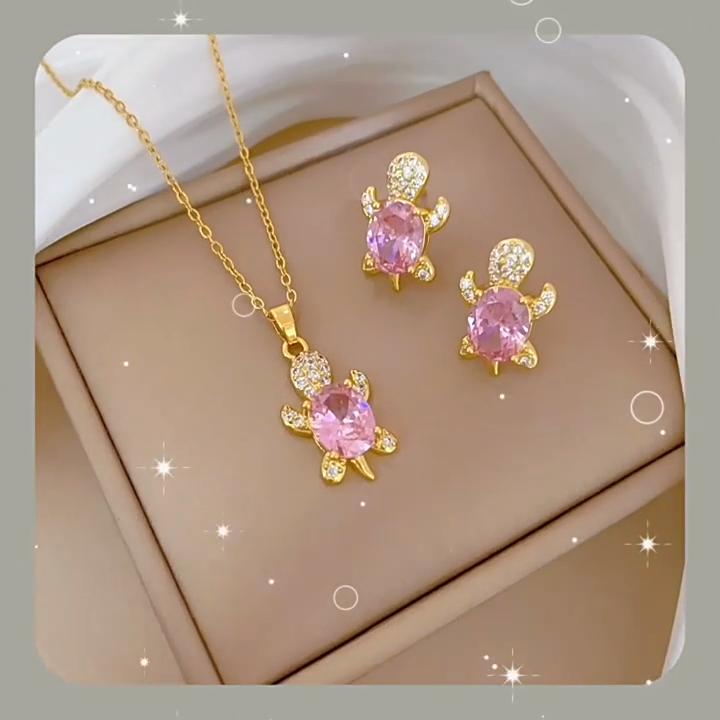 Pink Synthetic Zircon Turtle Pendant Jewelry Set Earrings Necklace for Women