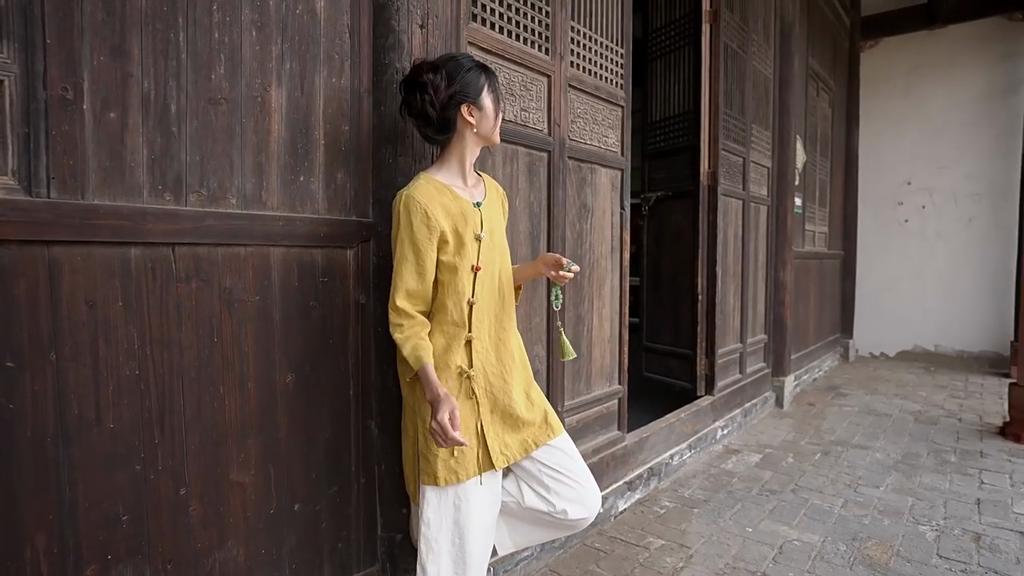 Johnature Frauen Chinesischen Stil Shirts Tops Oansatz Sieben Hülse Blusen Herbst Einfarbig Taste Vintage Leinen Hemd