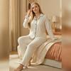 Women Pajama Set, White Plus Size Lapel Long Sleeve Contrast Trim Loose Wide Leg Loungewear Two Piece Outfit For Spring Autumn