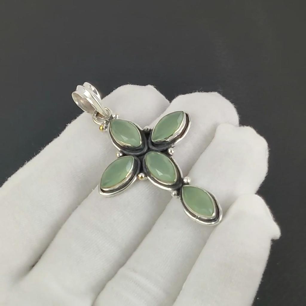Natural Green Chalcedony Gemstone Silver Cross Pendant in 925 Sterling Silver- Handmade Design, Everyday Wear Jewelry, Unique Pendant Birthday Gift
