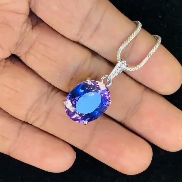 CERTIFIED Natural Purple Tanzanite 925 Sterling Silver Oval Pendant 28 Ct