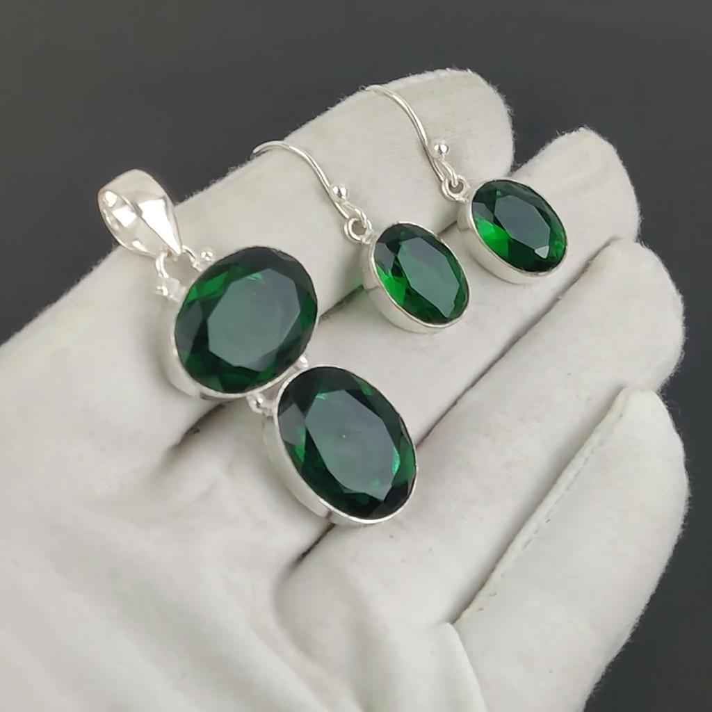 Grüner Turmalin Anhänger Set, Grüner Turmalin Edelstein Handarbeit 925 Sterling Silber Ohrring Anhänger Set für Frauen Anhänger Geburtstagsgeschenk