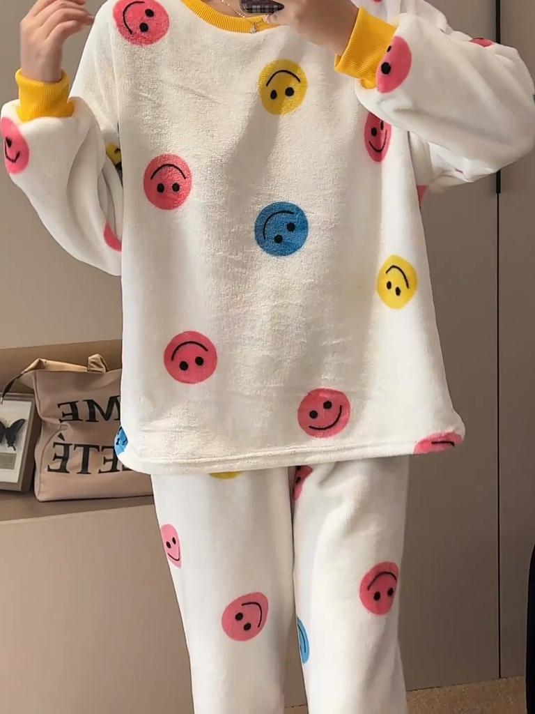 Autumn Winter Warm Flannel Women Pyjamas Sets Thicken Coral Velvet Long Sleeve Cute Cartoon Sleepwear Women's Flannel Pajamas Set for Youth Girl