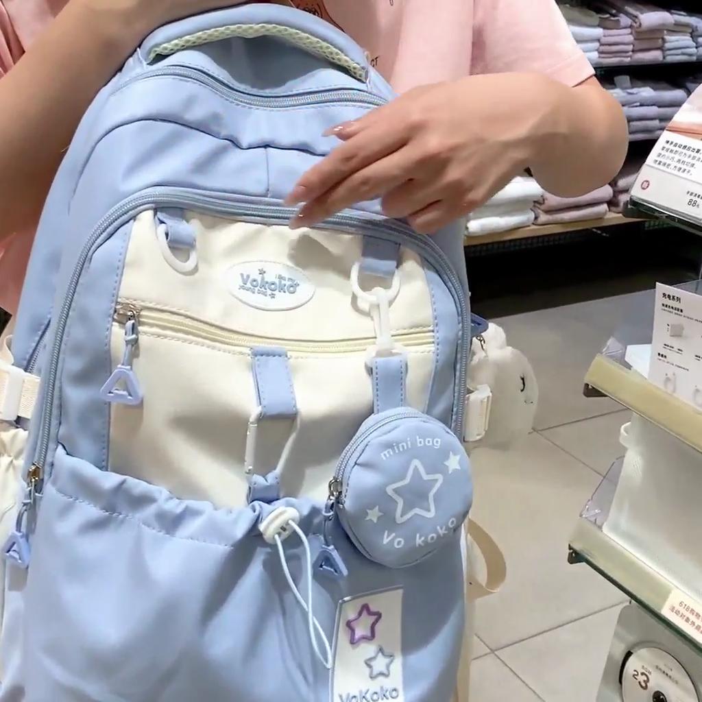 Color Block Backpack Women's School Bag Star Student Backpack with Coin Purse