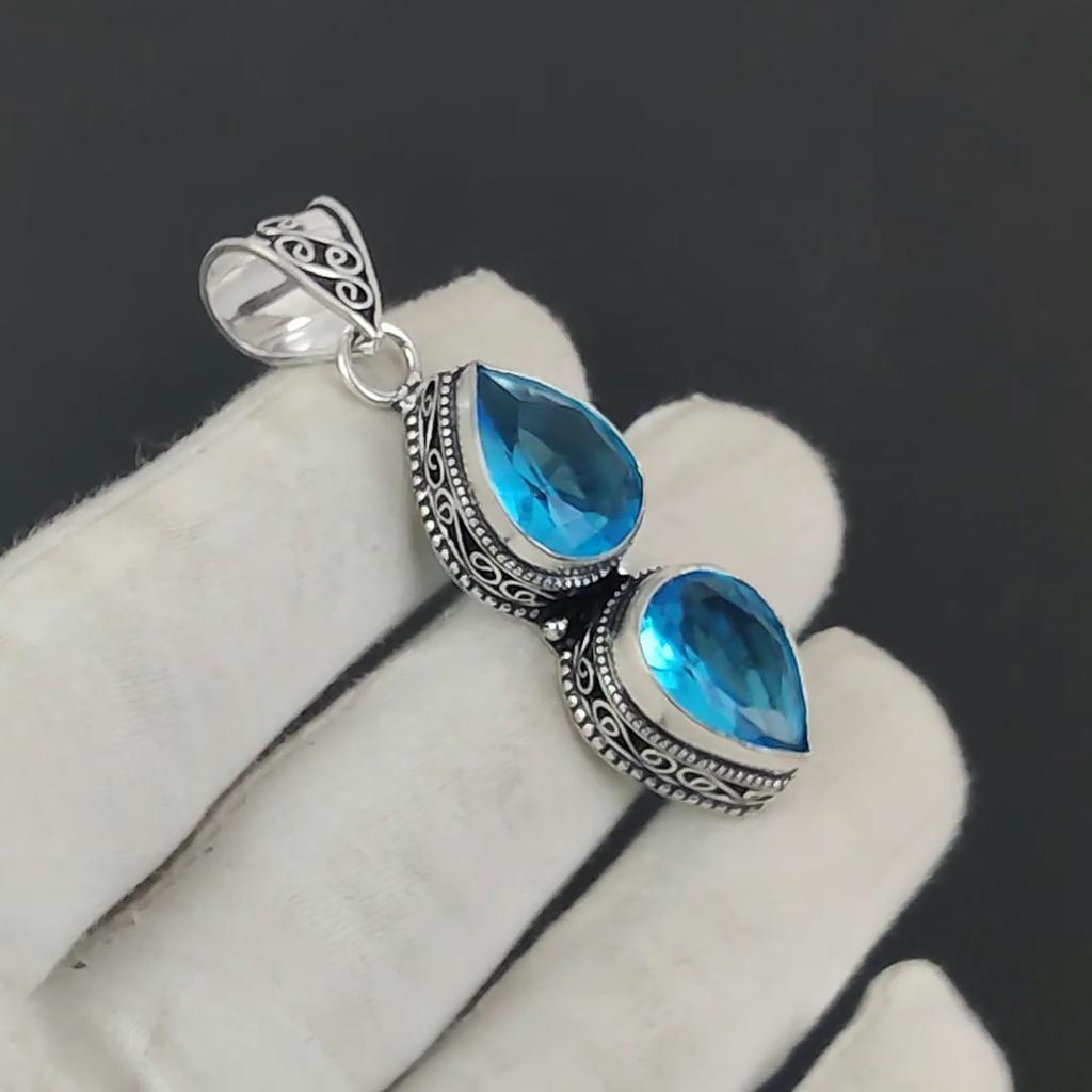 Amazing Swiss Blue Topaz Gemstone Silver Pendant In 925 Sterling Silver - Handmade Pear Design, Everyday Wear Jewelry Birthday Gift