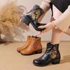 Johnature Ethnic Style Genuine Leather Thick Heel Short Boots Retro Printed Warm Side Zipper Women's Boots