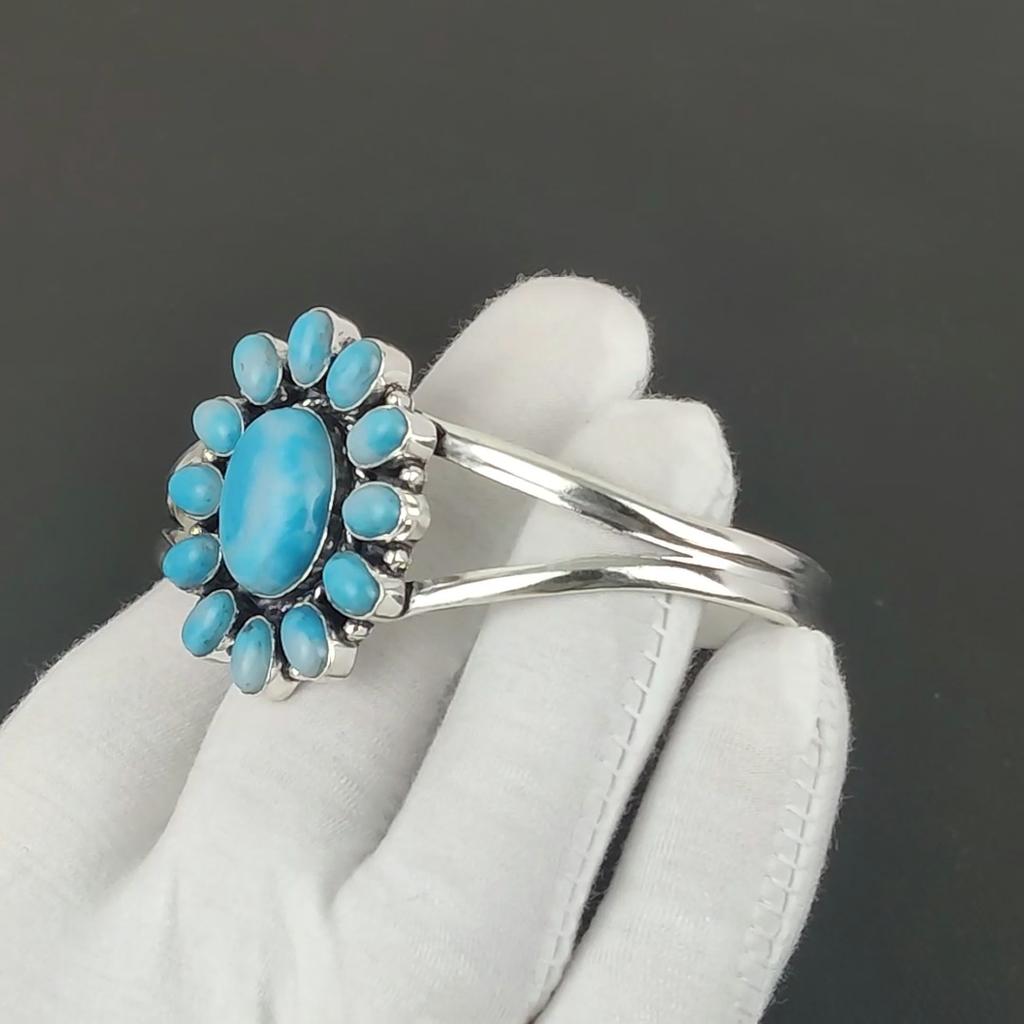 Sleeping Beauty Turquoise Gemstone Handmade Cuff Bangle 925 Sterling Silver Cuff Bangle, Turquoise Flower Shape Bracelet For Wife, Unisex Bangle