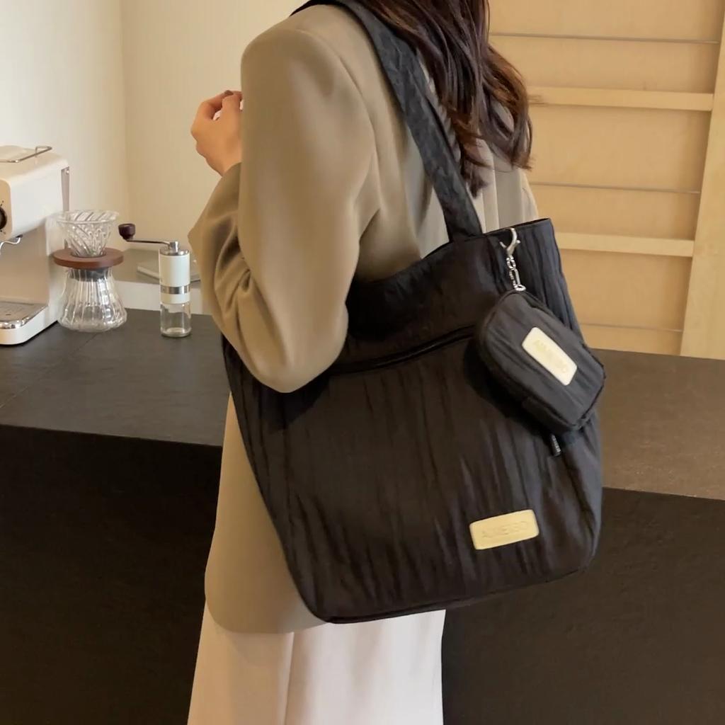 Large Capacity Tote Bag Women Commuter Handbag Solid Color Shoulder Bag