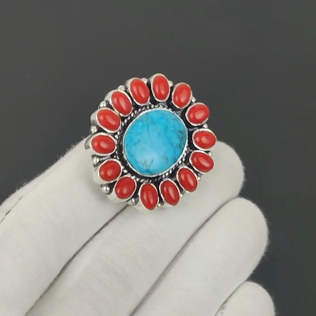 Türkis und Rote Koralle Edelsteinring, 925 Sterlingsilber Ring, Geschenk für Sie, Ovaler Stein, Eleganter Handgefertigter Ring, Türkis Blume Silber Ring Geschenke