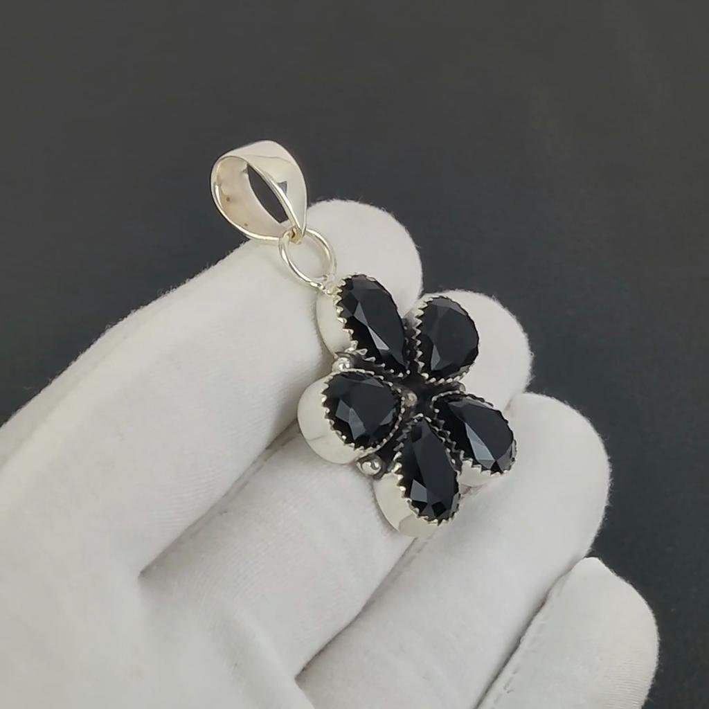 Amazing Black Spinel Gemstone Silver Pendant In 925 Sterling Silver - Handmade Flower Design, Everyday Wear Jewelry Thanksgiving Gift