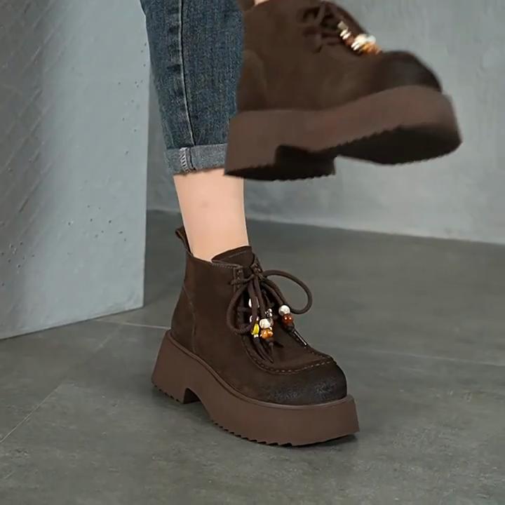 Johnature Thick Soled Handmade Beaded Round Toe Genuine Leather Short Boots Women's Lace-up Ankle Boots