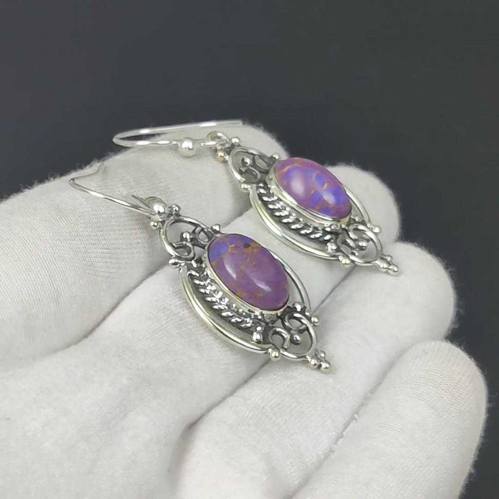 Purple Copper Turquoise Earring, Turquoise Silver Earring, Oval Stone Earring, 925 Sterling Silver Earring, Gemstone Earring, Dangle Earring