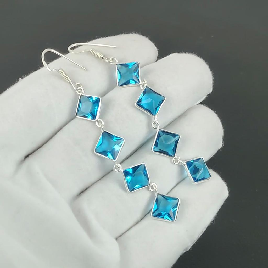 Blautopas Edelstein Ohrringe, 925 Sterling Silber Ohrringe, Handgemachte Silber Ohrringe zum Verschenken, Blautopas Hängeohrringe Neujahrsgeschenk