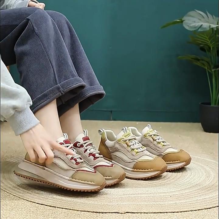Johnature British Style Genuine Leather Retro Mixed Colors Women's Sports Shoes Mesh Breathable Casual Flat Shoes
