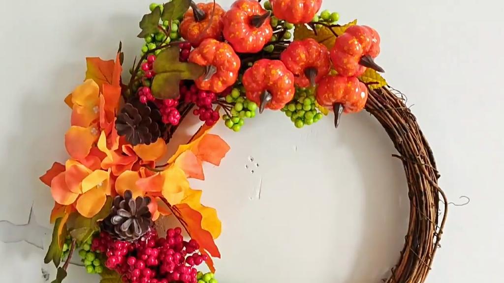 35cm Podzimní dekorativní věnec, Dekorace girlanda na dožínky a Den díkůvzdání, Závěsný věnec na vchodové dveře, Dýně Javorový list umělé květiny