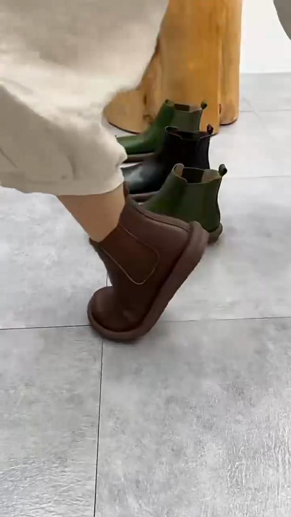 Johnature Botas curtas de couro legítimo com bico redondo, casuais, cor sólida, sola macia, versáteis, botas baixas femininas